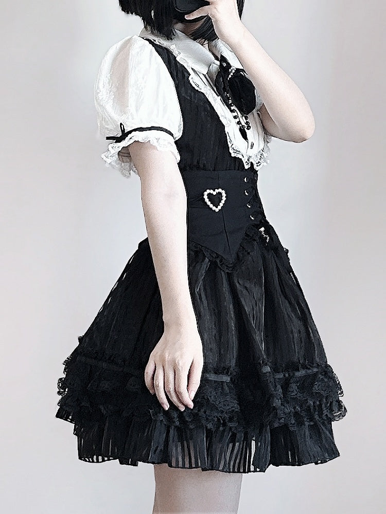 Belt Corset Stripes Skirt Waist Puffy Dress Layered Black Jirai Kei White and Lace-up with Three High
