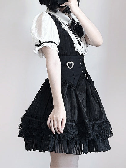 Belt Corset Stripes Skirt Waist Puffy Dress Layered Black Jirai Kei White and Lace-up with Three High