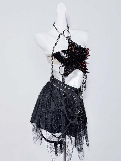 Punk Black Halter Neck Studs and Chain Star-shaped Backless Top