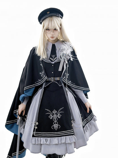Shirt + Lolita Waistcoat Sleeves Set- Black Long Gray And Skirt Military