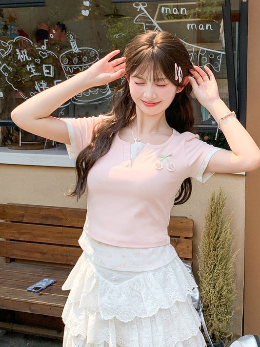 Faux Two-Pieces Pink Cherry Embroidery Sweet Floral T-Shirt