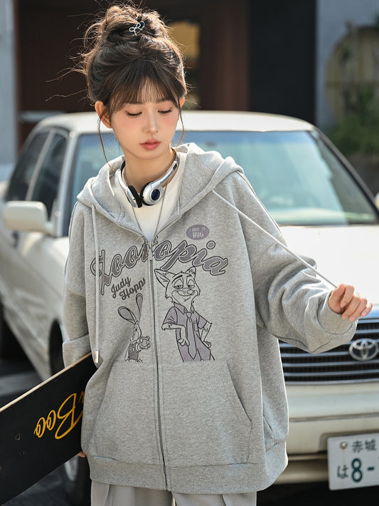Zootopia Judy and Nick Print Grey Zip Hoodie