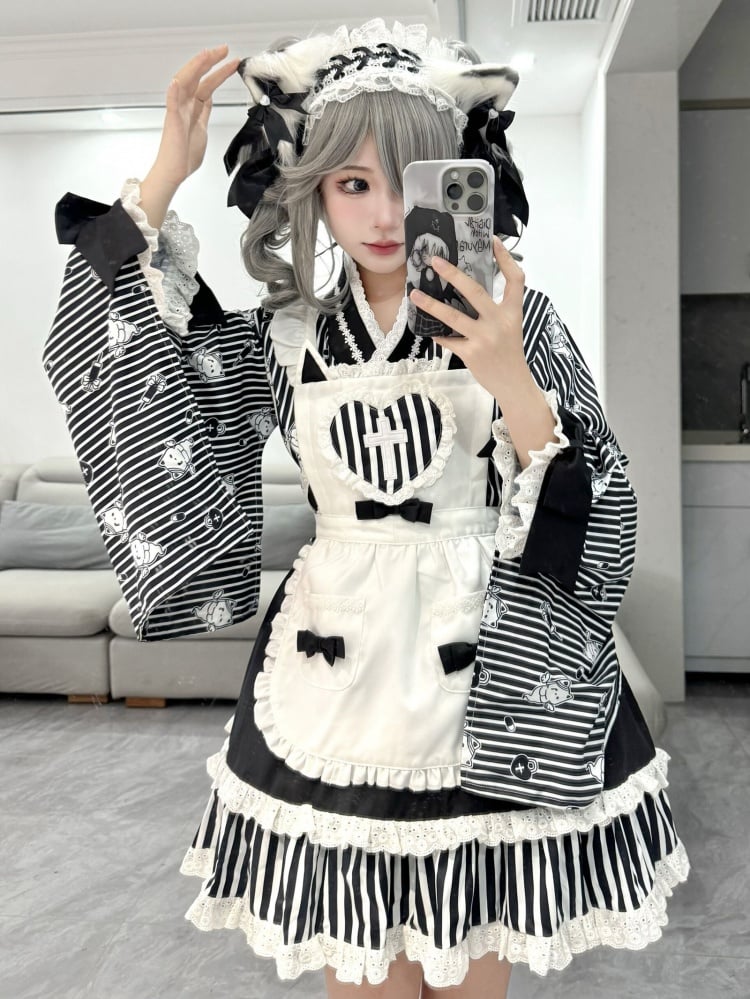 Black Striped Little Ghost Print Top + Tiered Skirt + Apron Wa Lolita Set