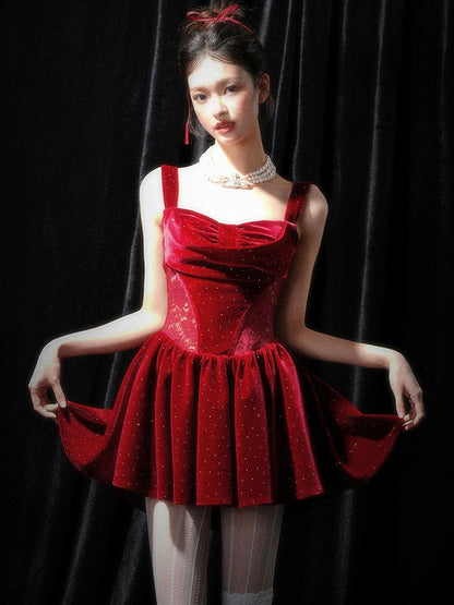 Rhinestones Embellishments Christmas Wine Red Backless Dress Bead Details