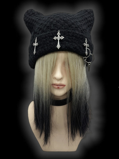 Y2K Black Cross Charms Studs Punk Cat Ears Beanie