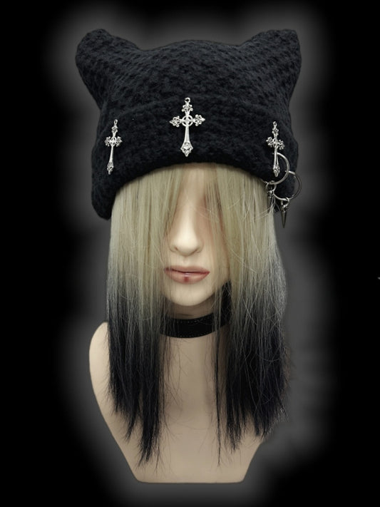 Y2K Black Cross Charms Studs Punk Cat Ears Beanie