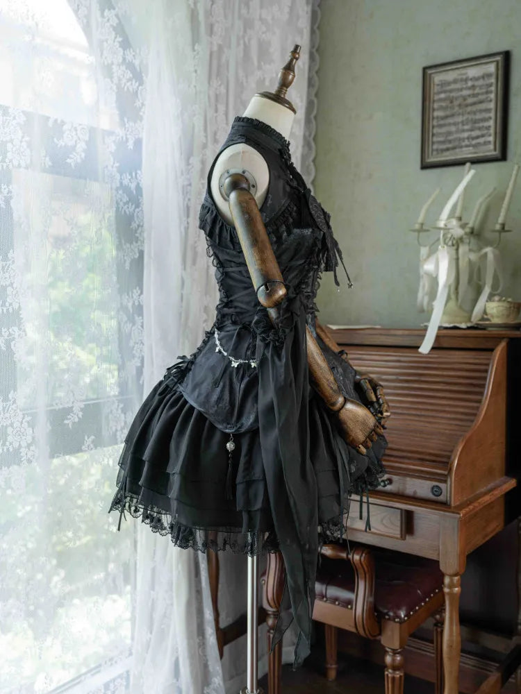 Sleeves Black Butterfly Qi with Theme Lolita Collar Banded Qipao Dress