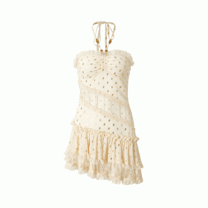 Beige/Black Neck Waist Polka-dot Vintage Halter Lace Patches