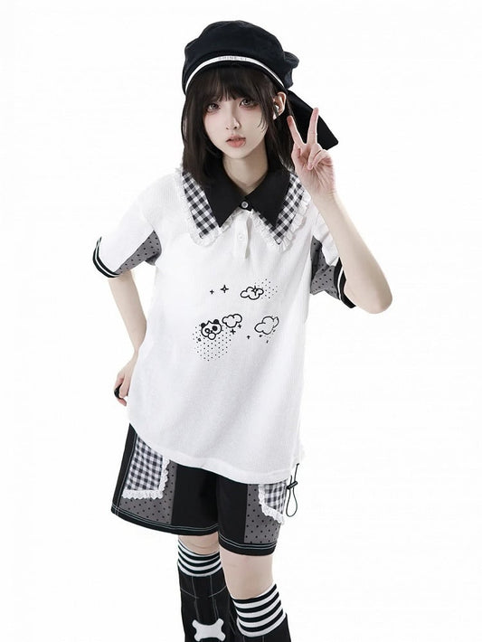 Layered T-shirt Waffle Polo Collar Print Panda Double Graffiti White