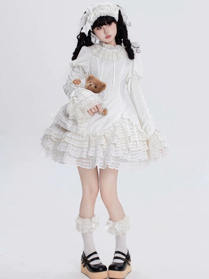 Robe Lolita Shiro à manches longues et col à volants entièrement blanche