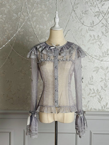 Bluse Silber Halbtransparente Ärmel Lange Schleifen Grau