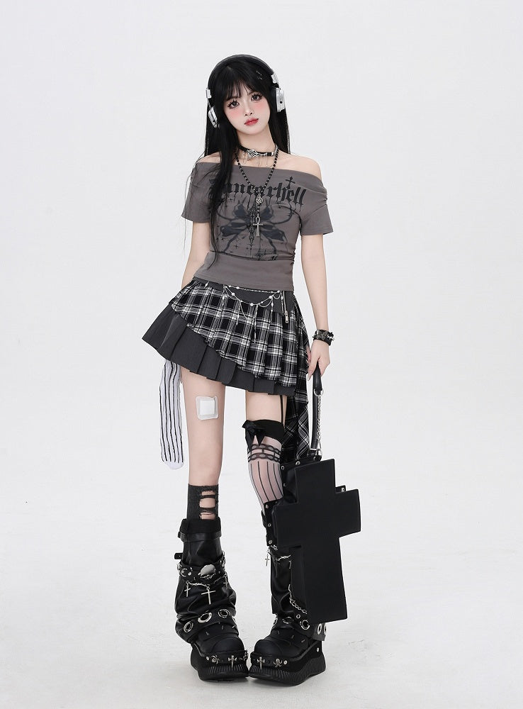 White/Gray Off-the-Shoulder Butterfly Print Glamorous T-Shirt