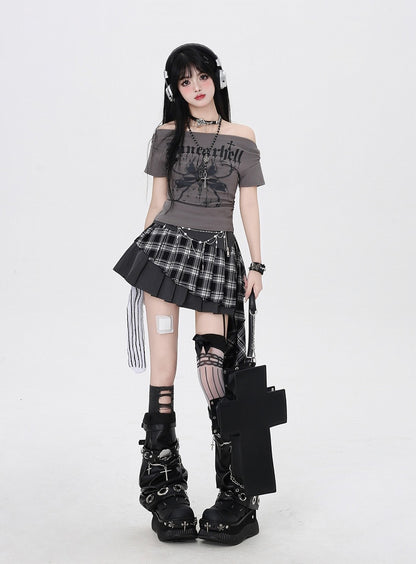 White/Gray Off-the-Shoulder Butterfly Print Glamorous T-Shirt