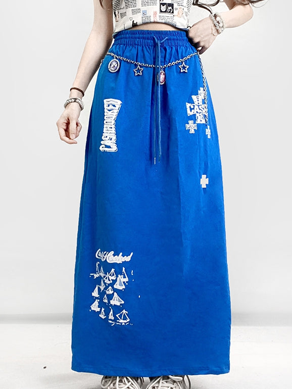Blue Y2K A-Line Skirt With Letter Sailboat And Cross Prints
