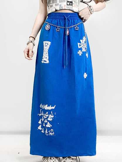 Blue Y2K A-Line Skirt With Letter Sailboat And Cross Prints
