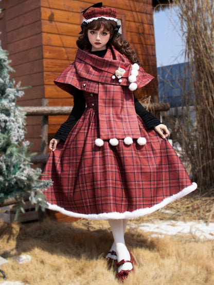 Red Plaid Pattern Under Bust Christmas Vibes Lolita Dress Boned Waist and Plush Hemline Long Version