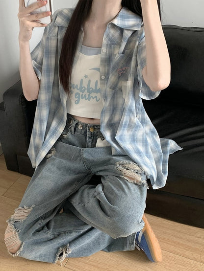 Straight-leg Jeans Blue Low Charm Free Rise Distressed Holes with