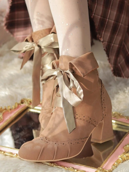 and Boots Fleece Ankle Fold-Over Cuff Design Lolita Brown Lining Plush - with Elegant Lace-Up