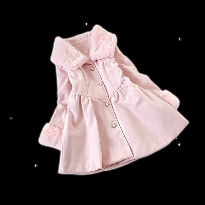 Jirai Kei Pink Landmine Style Woolen Coat with Plush Collar and Cuffs