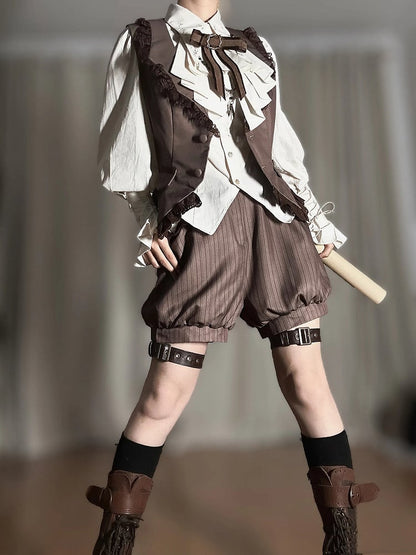 Brown Ouji Lolita Lace Trim Waistcoat + Striped Bloomer Shorts