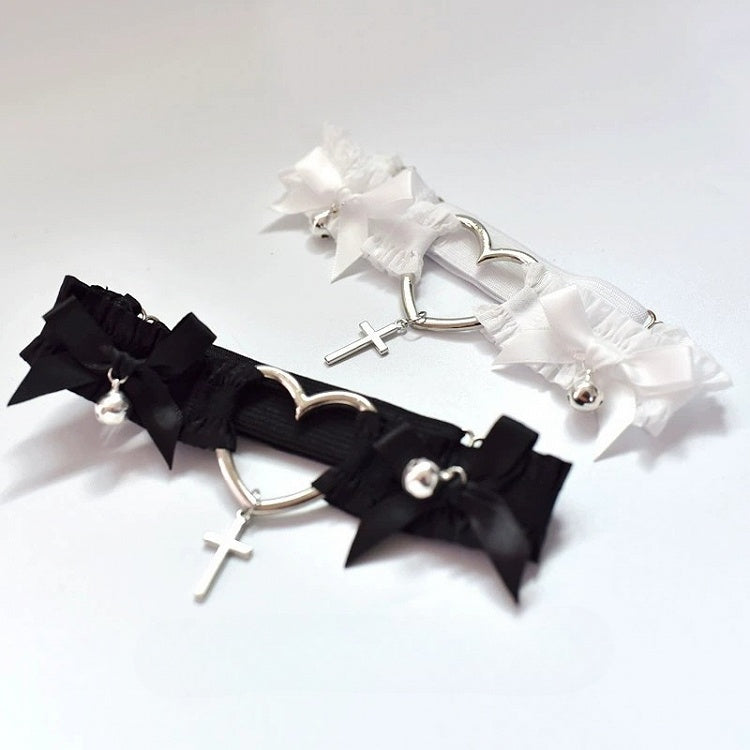 Black/White Bowknot Punk Choker Details Pendant Cross