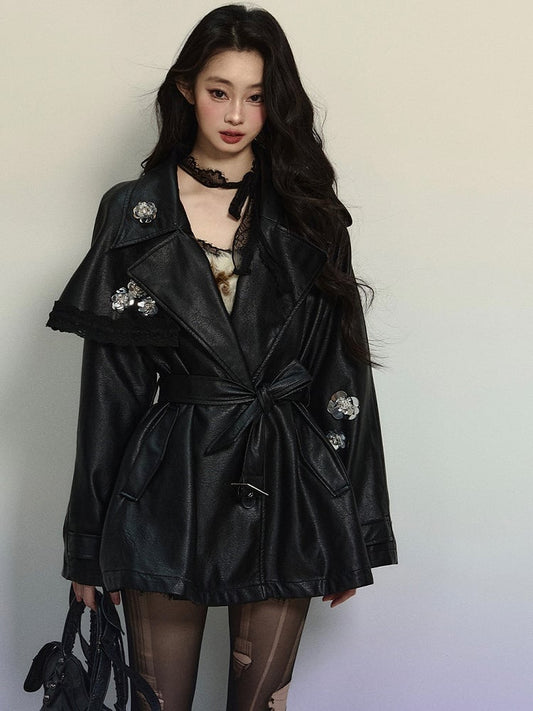 Black Floral Notched Collar PU Blazer