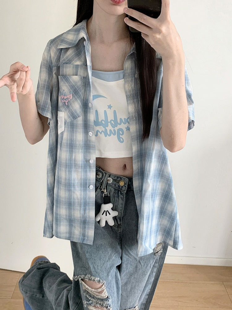White and Blue Faux Two-Pieces Cropped Cami Top
