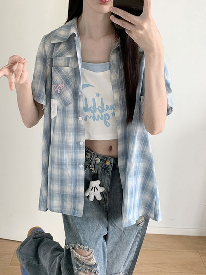 White and Blue Faux Two-Pieces Cropped Cami Top