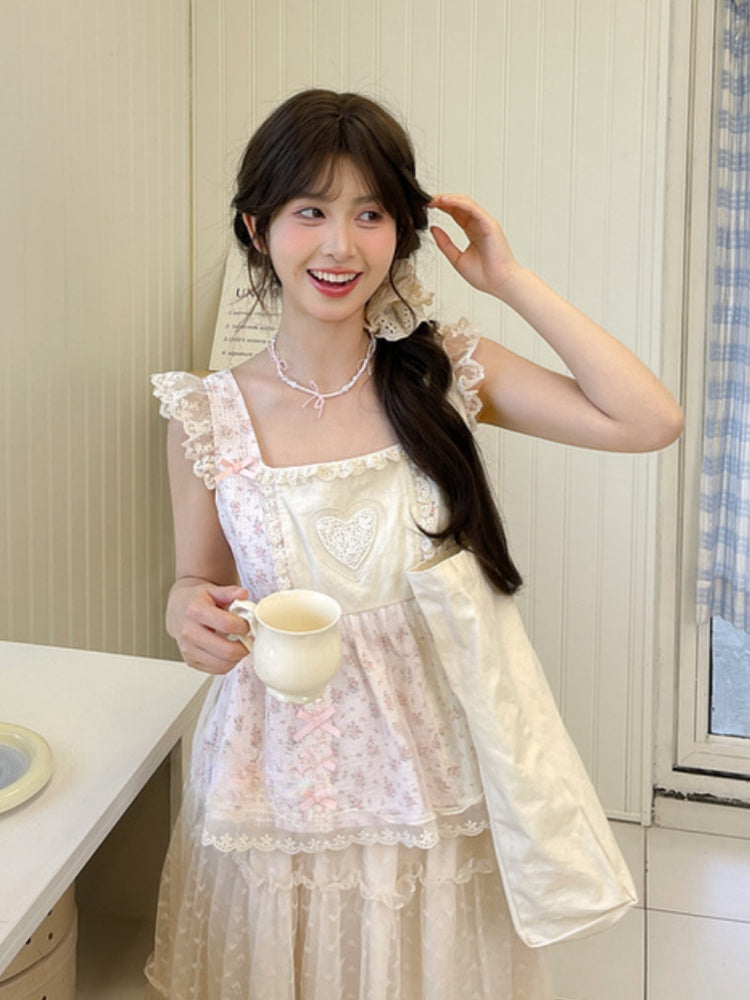 Pink Flutter Sleeve Bowknot Ruffled Floral Tank Top Lace Trim Details