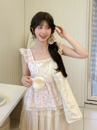 Pink Flutter Sleeve Bowknot Ruffled Floral Tank Top Lace Trim Details