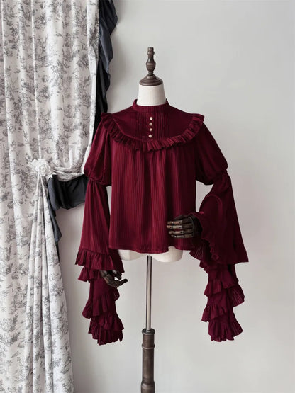 Sleeves Flounce Striped Bell Gothic Blouse Fabric Red