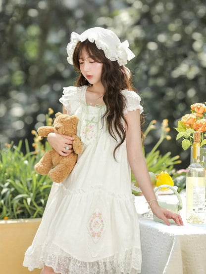 Mori Kei Dress White Floral Embroidery Lace Trim