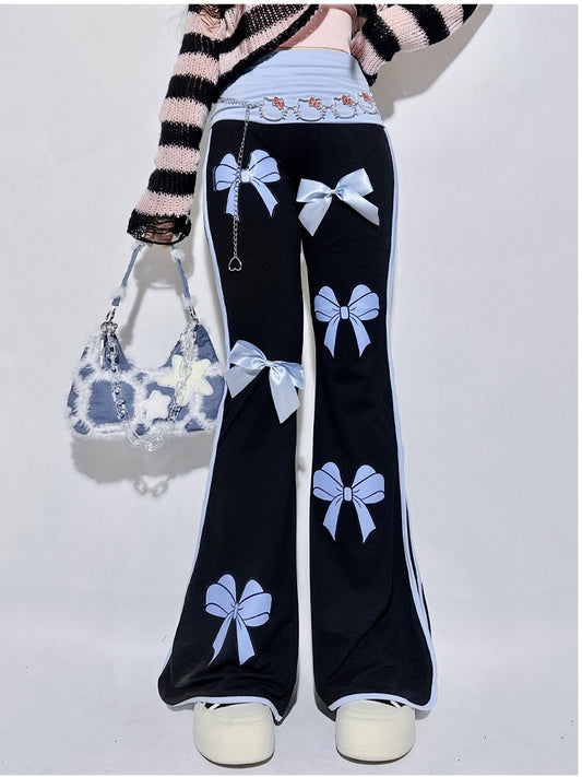 Pantalon évasé à taille haute noir avec nœuds bleus