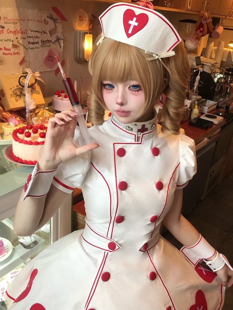 Nurse White Puff Red Patches Sleeves Heart Lolita Cross Dress
