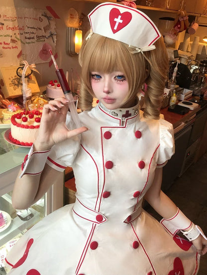 Nurse White Puff Red Patches Sleeves Heart Lolita Cross Dress