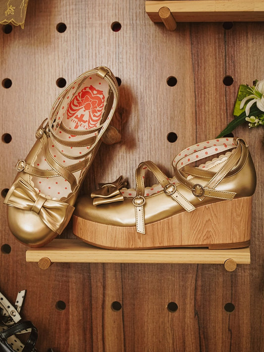 Design PU-Schuhe mit süßer Schleife Lolita Crisscross Golden Accent Plateau Keil