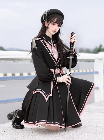Pink with Military and Design Belt V-neck Lolita Black Ruffled Dress Details Buttons