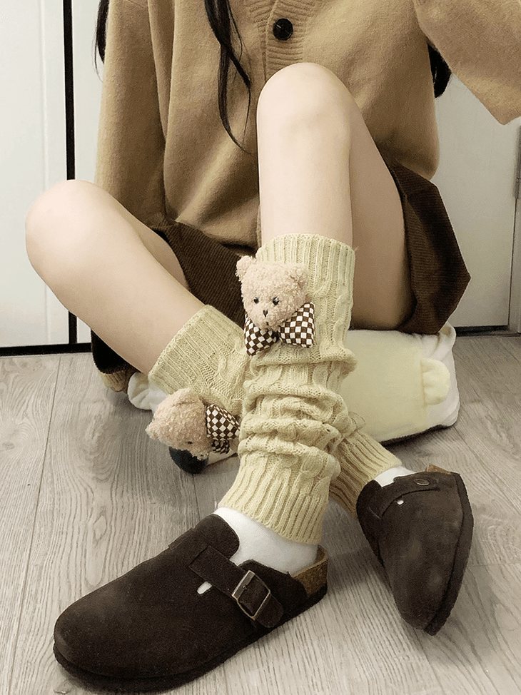 Jambières tricotées blanc lait Y2K avec peluche ours