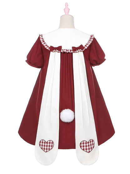 Wine Red Bunny Ears Peter Pan Collar Bubble Skirt Dress