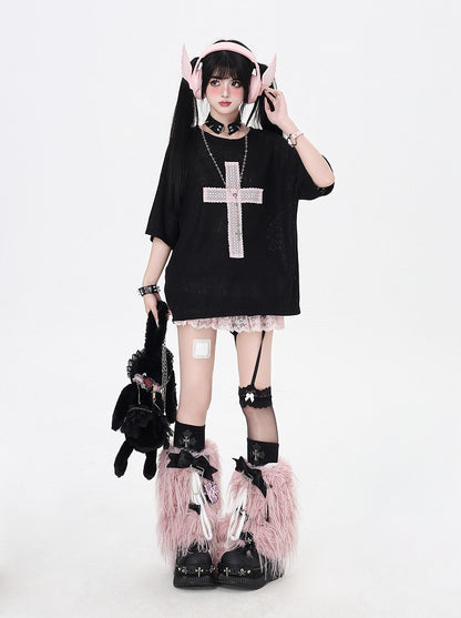 Light T-Shirt Cross Applique Loose Pink/Light Blue/Black