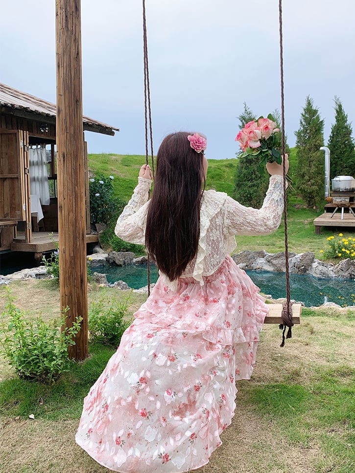 Skirt High-low Rosette Print Cami Pink Ruffle Plus Size Basque Waist Cascading Dress