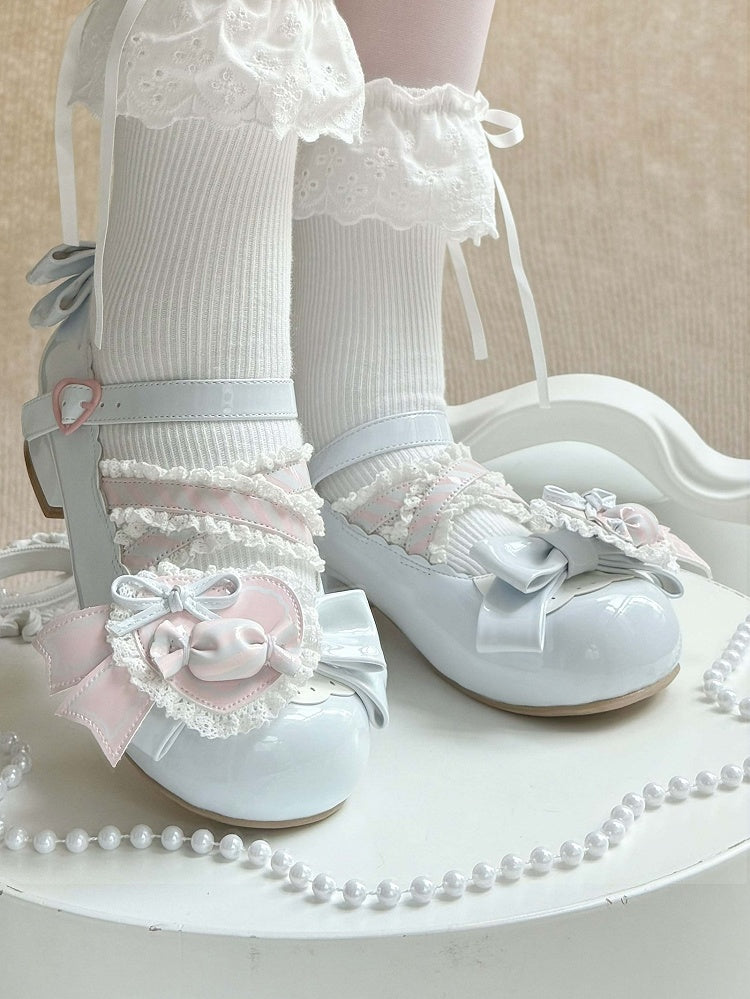 - Low Heels Pink with Clip Style Lolita Sweet A Candy-Decorated Heart Shoe Bow Blue