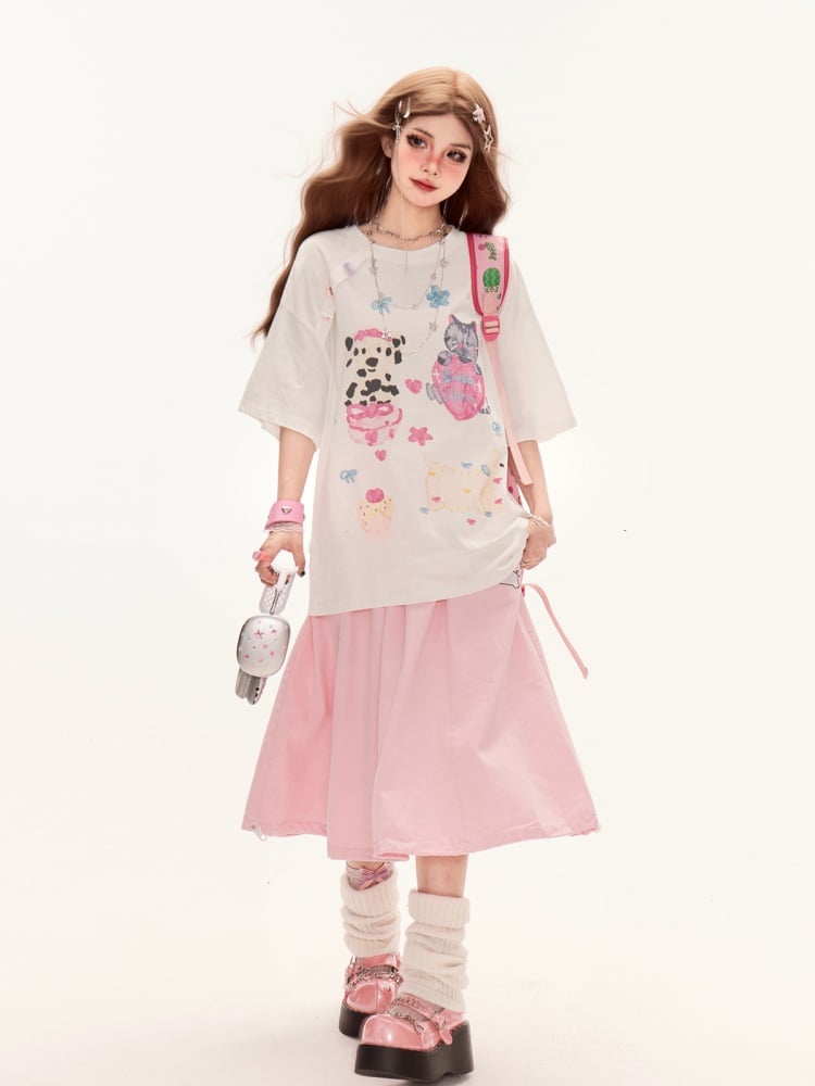 T-Shirt Adorable Animal Print Summer White Round Neck Loose