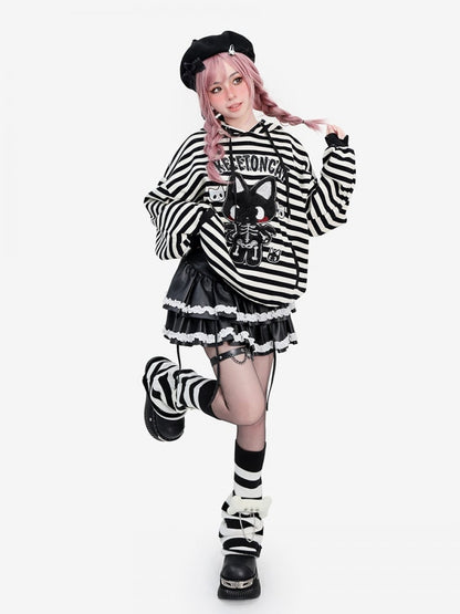 Y2K Skeleton Kitty Black and White Striped Hoodie