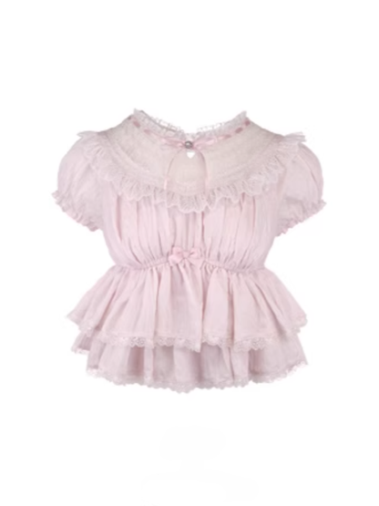 Lace Trim Hem With Peplum Top Puff Pink Sleeves