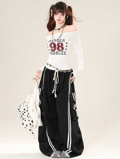 Decorated Number Black Wide-leg Pants Pockets Letter Cargo Cut Print And Bittersweet