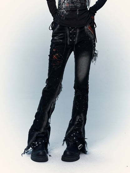 Black Split Cuffs Distressed Flared Jeans with Lace-up