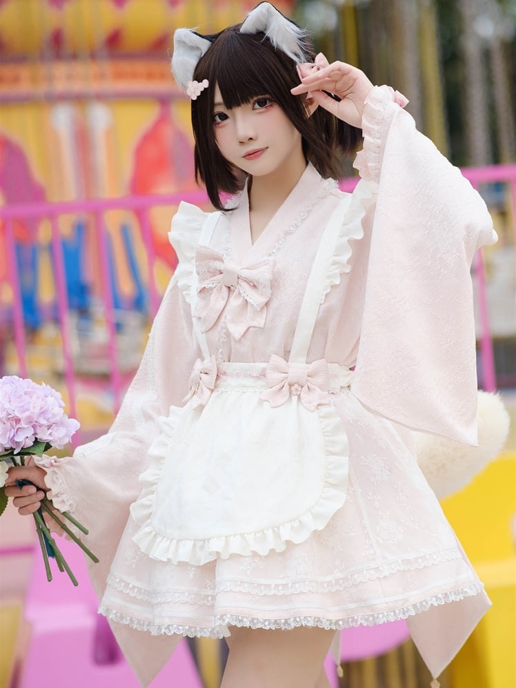 Wa Kei Pink Set-Bell Full Style Jirai Sleeves Blossom Apron Dress+Flutter Outfit Festival Cherry