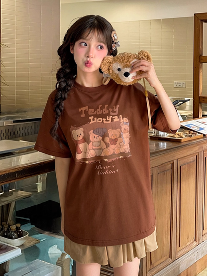 Mushroom Teddy Bear Print Brown Adorable Neck Round Loose T-shirt with Plushie