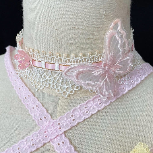Butterfly Decorated PinkWhite Lolita Choker Trim Lace Sweet